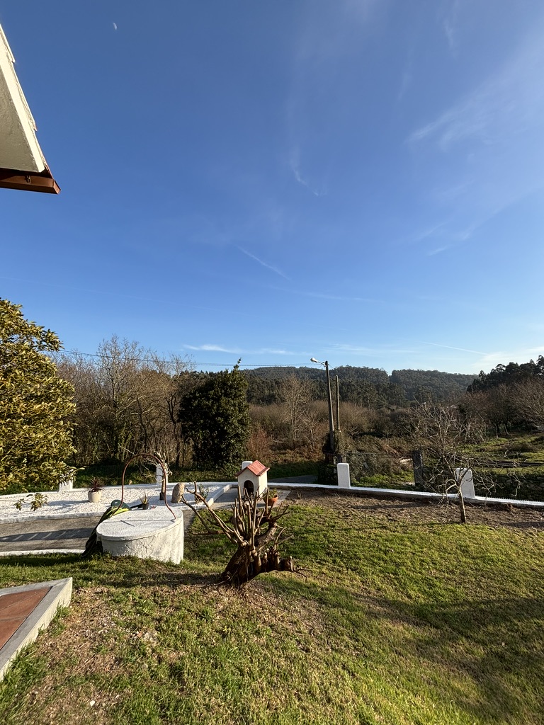 Jardín con hórreo gallego y vistas a las colinas boscosas de Poio
